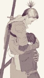  2boys age_difference bob_cut child commentary_request facing_another facing_down feet_out_of_frame greyscale hand_on_another's_head highres holding hug japanese_clothes katana kimono kuro_the_divine_heir long_sleeves male_focus monochrome multiple_boys ninja redrawn remingway02 sad sash scarf sekiro sekiro:_shadows_die_twice sheath short_hair simple_background standing sword sword_on_back topknot upper_body weapon weapon_on_back white_background 