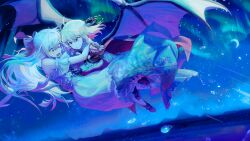  2girls ahoge anisphia_wynn_palettia artist_request aurora black_bow black_cape blonde_hair blue_sky bow cape carrying chinese_commentary commentary_request commission cool_colors dragon_wings dress euphyllia_magenta flower flying full_body grey_hair grin hair_bow highres horizon long_hair merfolk mermaid monster_girl multiple_girls night open_mouth outdoors princess_carry purple_bow purple_wings second-party_source short_hair sky smile star_(sky) straight_hair tensei_oujo_to_tensai_reijou_no_mahou_kakumei white_dress wings 