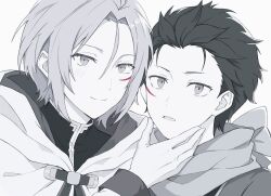  2boys cape closed_mouth commentary curtained_hair facial_mark gloves greyscale hair_behind_ear hair_between_eyes hand_on_another's_face highres hood hood_down hooded_cape jacket julius_juukulius long_sleeves looking_at_viewer male_focus monochrome multiple_boys natsuki_subaru parted_lips re:zero_kara_hajimeru_isekai_seikatsu scarf shirt short_hair short_sideburns sideburns simple_background smile upper_body very_short_hair white_background ye6016696211 