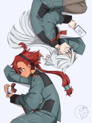  2girls artist_logo artist_name asticassia_school_uniform back-to-back black_hairband black_pantyhose commentary cool_(gundam_suisei_no_majo) couple grey_jacket grey_shorts gundam gundam_suisei_no_majo hairband jacket logo long_hair lying miorine_rembran multiple_girls on_side pantyhose red_hair rolfyramc rotational_symmetry school_uniform shorts signature simple_background suletta_mercury white_background white_hair yuri 