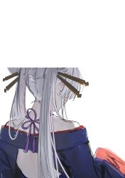  1girl absurdres back back_cutout back_focus bare_shoulders blue_kimono cho_kaguya-hime! clothing_cutout commentary_request flower_knot from_behind genkounikki01 hair_ornament highres japanese_clothes kanzashi kimono lone_nape_hair long_hair long_sleeves median_furrow multicolored_hair nape off_shoulder pink_streaks runami_yachiyo runami_yachiyo_(tsukuyomi) simple_background sleeves_past_fingers sleeves_past_wrists solo streaked_hair tassel twintails upper_body white_background white_hair 