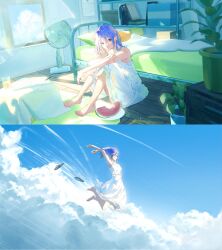  1girl absurdres armpits arms_on_knees arms_up bare_arms bare_shoulders barefoot bed bed_sheet bedroom black_sandals blonde_hair blue_hair blue_sky book closed_mouth clouds collarbone colored_inner_hair commentary_request contrail cup curtains day dress drinking_glass electric_fan feet_up_heels_up fingernails flip-flops floating_clothes floating_curtains floating_hair flying_teardrops food from_side fruit grin hair_between_eyes hand_on_own_arm highres indie_utaite indoors jumping knees_up lace-trimmed_dress lace_trim light_particles looking_ahead looking_at_viewer medium_hair midair multicolored_hair multiple_views nail_polish on_floor open_book outdoors outstretched_arm pen pillow pink_nails plant plate potted_plant profile rug ryane_(yry_0) sandals shelf shiho_(utaite) sitting sky smile spaghetti_strap sundress sunlight toenail_polish toenails toes unworn_sandals violet_eyes watermelon watermelon_slice white_dress window wooden_floor 