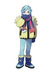1boy absurdres artist_request blue_eyes blue_footwear blue_hair blue_mittens blue_pants blue_scarf covered_mouth grusha grusha_(pokemon) highres jacket long_hair mittens official_art pants pokemon pokemon_(game) pokemon_sv red_scarf scarf simple_background snow_boots solo yellow_jacket