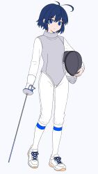  1girl antenna_hair blue_eyes blue_hair bodysuit carrying carrying_under_arm closed_mouth commentary_request fencing_suit foil_(fencing) full_body gloves grey_background hair_between_eyes helmet highres holding holding_weapon original shoes simple_background single_glove smile solo standing unworn_headwear unworn_helmet weapon white_bodysuit white_gloves white_shoes yuu_(1122chevalerie) 