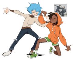  2boys adoptive_siblings animal_ears arrcticc_fish brown_hair dark-skinned_male dark_skin darwin_watterson gumball_watterson highres hood hoodie humanization looking_at_viewer male_focus multiple_boys photo_inset shirt shoes short_hair siblings simple_background smile the_amazing_world_of_gumball 