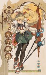  1boy 4girls absurdres alice_thymefield animal_ears black_gloves black_pantyhose blonde_hair braid breasts cane cat_ears closed_mouth collared_shirt commentary daniel_deng english_commentary fingerless_gloves flag floating_hair flower full_body gloves green_shirt green_skirt hair_ornament highres holding kamanosuke_(zenless_zone_zero) komano_manato large_breasts long_hair long_sleeves looking_down low_twintails lucia_elowen multiple_girls pantyhose pink_flower rabbit_ears rabbit_girl shirt shoes skirt sneakers solo staff standing twintails ukinami_yuzuha very_long_hair white_shirt white_shoes yellow_eyes yidhari_murphy zenless_zone_zero 