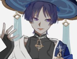  1boy black_bodysuit black_bridal_gauntlets black_hair blue_cape blue_hat blue_jingasa blunt_ends bodysuit bridal_gauntlets cape commentary covered_collarbone genshin_impact gold hand_up hat hitomi_(35puppet) japanese_clothes jingasa kimono looking_to_the_side male_focus mandarin_collar middle_ring open_clothes open_hand open_kimono parted_lips portrait scaramouche_(genshin_impact) shoulder_peek side_cape sideways_glance solo tongue tongue_out tsurime untranslatable_commentary violet_eyes wanderer_(genshin_impact) white_background white_kimono wispy_bangs wolf_cut 