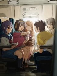  2boys 3girls ame_akagi asahina_mikuru black_shoes black_socks bloom blue_pants blue_sailor_collar blue_skirt book brown_eyes brown_hair brown_shoes brown_shorts closed_eyes commentary_request cup hair_between_eyes hairband highres holding holding_book holding_cup kita_high_school_uniform kneehighs koizumi_itsuki kyon loafers looking_at_another multiple_boys multiple_girls nagato_yuki open_book open_mouth pants picnic_basket pink_shirt pink_socks pointing pointing_at_another purple_hair red_ribbon ribbon sailor_collar school_uniform shirt shoes short_hair shorts sidelocks sitting skirt smile sneakers socks sos_brigade steam steaming_cup summer_uniform suzumiya_haruhi suzumiya_haruhi_no_yuuutsu t-shirt train_interior white_shirt white_shoes white_socks yellow_hairband yellow_shirt 
