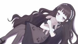  1girl bags_under_eyes black_dress black_eyes black_hair black_hairband black_shoes commentary_request dress frilled_hairband frills gothic_lolita hairband hardgore_alice highres holding holding_stuffed_toy lolita_fashion long_hair magical_girl mahou_shoujo_ikusei_keikaku mahou_shoujo_ikusei_keikaku_unmarked pantyhose shoes striped_clothes striped_pantyhose stuffed_toy teepa vertical-striped_clothes vertical-striped_pantyhose white_background 