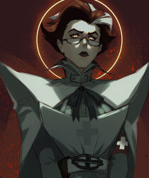  1girl absurdres apron armband astrubalart black_ribbon blood blood_splatter brown_hair cape closed_mouth collared_cape collared_shirt deadlock_(game) glasses glowing glowing_eyes green_shirt hat high_collar highres lipstick looking_at_viewer makeup mature_female multicolored_hair neck_ribbon nurse nurse_harrow_(deadlock) orange_eyes parted_hair red_armband red_background ribbon semi-rimless_eyewear shirt short_hair side_part solo streaked_hair under-rim_eyewear upper_body white_apron white_cape white_hat white_streaks 