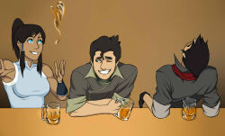  alcohol avatar_legends black_gloves blue_eyes bolin commentary cup dark-skinned_female dark_skin drinking drunk english_commentary gloves green_eyes hair_ornament holding holding_cup korra leaning_on_table mako_(avatar) muscular muscular_female muscular_male one_eye_closed ponytail red_scarf scarf shirt short-sleeved_coat short_hair short_sleeves sleeveless sleeveless_shirt smile snowman1940 the_legend_of_korra 