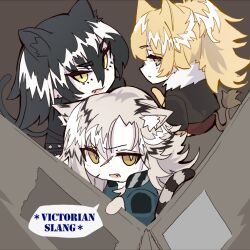  3girls animal_ear_fluff animal_ears arknights black_hair black_jacket blonde_hair blue_jacket box cat_ears cat_girl cat_tail chibi chibi_only commentary_request dagda_(arknights) ear_piercing english_text fang fur-trimmed_jacket fur_trim hair_between_eyes hige_qr in_box in_container indra_(arknights) jacket lion_ears lion_girl lion_tail looking_at_viewer multicolored_hair multiple_girls open_clothes open_jacket open_mouth orange_eyes piercing siege_(arknights) sitting speech_bubble streaked_hair tail tiger_ears tiger_girl tiger_tail white_hair yellow_eyes 