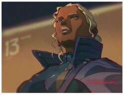  1girl black_leotard blonde_hair blue_eyes blurry blurry_background border breasts character_name commentary dark-skinned_female dark_skin english_commentary fortune_(metal_gear) grey_lips leotard long_hair mature_female medium_breasts metal_gear_(series) metal_gear_solid_2:_sons_of_liberty parted_lips popped_collar solo upper_body vitaliy_shushko wavy_hair white_border 
