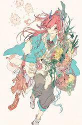  1boy arknights basket bell_pepper black_pants chinese_clothes colored_extremities dog dragon_boy dragon_horns dragon_tail eastern_dragon_horns eastern_dragon_tail food fruit full_body gou_haihaihaihai green_bell_pepper holding holding_basket horns long_hair long_sleeves looking_back male_focus official_alternate_costume open_mouth pants pear pointy_ears red_hair red_hands running shoes simple_background tail tomato vegetable white_shoes yu_(arknights) yu_(clear_morning_view)_(arknights) 