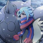  1boy ayo_(ayosanri009) blue_hair breath cetitan coat commentary_request eyelashes from_side grusha_(pokemon) long_hair male_focus outdoors poke_ball_print pokemon pokemon_(creature) pokemon_(game) pokemon_sv red_scarf scarf signature snowing two-tone_scarf upper_body yellow_eyes 