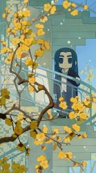  1boy blue_eyes blue_hair blue_sky closed_mouth collared_shirt flower highres jacket male_focus mesh_bag official_art outdoors pants shirt shoes sky smile sneakers solo stairs sweater the_legend_of_luo_xiaohei tile_wall tiles tree wuxian_(the_legend_of_luo_xiaohei) yellow_flower zaoshu 
