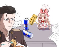  1boy 1girl blonde_hair blue_eyes bow braid brown_hair chef_hat chibi commander_(nikke) crust_(nikke) dress food food-themed_hair_ornament food_costume fruit gloves goddess_of_victory:_nikke hair_bow hair_ornament hat highres instant_cup_noodles instant_noodles jacket long_hair looking_at_viewer military_jacket military_uniform noodles open_mouth pink_dress red_bull red_eyes runao_noire short_hair smile strawberry strawberry_hair_ornament strawberry_hat_ornament twin_braids very_long_hair white_gloves 