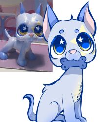  absurdres artist_name blue_fur bone_in_mouth dog highres littlest_pet_shop looking_at_viewer nekkudumbo no_humans photo_inset reference_inset simple_background star-shaped_pupils star_(symbol) symbol-shaped_pupils tail white_background 