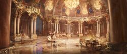  4boys 6+girls artist_name ballroom beauty_and_the_beast_(disney) chandelier concept_art dancing dated disney dress frilled_dress frills gold gold_trim high_ceiling highres instrument karl_simon_gustafsson marble_(stone) marble_floor marble_sculpture mask mirror multiple_boys multiple_girls official_art palace piano pillar reflective_floor rococo_movement tapestry window 
