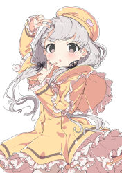  1girl arm_up black_eyes black_ribbon blush braid braided_bangs capelet cowboy_shot dress frilled_capelet frilled_sleeves frills grey_hair hair_ribbon hand_up hat hisakawa_nagi idolmaster idolmaster_cinderella_girls kuresuku_(lessons) long_hair long_sleeves low_twintails open_mouth petticoat pleated_dress ribbon simple_background solo twintails v white_background yellow_capelet yellow_dress yellow_hat 