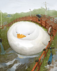  1girl animal animal_focus bird black_hair blue_umbrella bridge commentary day duck english_commentary glasses grass grey_sky holding holding_umbrella mirror motor_vehicle original outdoors overcast oversized_animal rain riverbank scooter sky standing tahra traffic_mirror umbrella utility_pole 