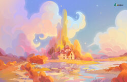  artist_name autumn blue_sky clouds cloudy_sky commentary english_commentary highres house landscape night no_humans original outdoors pond reflection scenery sky star_(sky) starry_sky tektober tree 