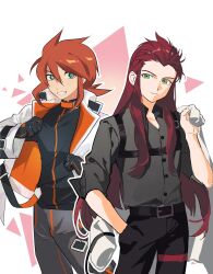  2boys absurdres asch_(tales) black_gloves black_pants black_shirt chest_harness closed_mouth commentary_request cowboy_shot gloves green_eyes grey_pants grey_shirt grin hair_between_eyes hand_in_pocket harness highres jacket jacket_over_shoulder long_hair luke_fon_fabre male_focus multiple_boys nenn73794840 official_alternate_costume open_clothes open_jacket pants red_hair shirt short_hair smile tales_of_(series) tales_of_the_abyss unworn_jacket white_jacket 