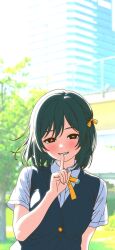  1girl absurdres backlighting black_eyes black_hair black_vest blurry blurry_background bow bowtie bright_pupils building buttons collared_shirt commentary_request day finger_to_mouth grin hair_ribbon half-closed_eyes highres looking_at_viewer love_live! love_live!_nijigasaki_high_school_idol_club mifune_shioriko open_mouth outdoors ribbon shirt short_hair short_sleeves shushing smile sunlight teeth tree upper_body uyu1023 vest white_pupils white_shirt yellow_bow yellow_bowtie 