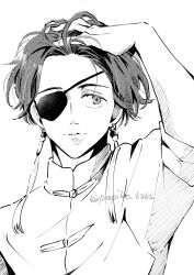  1boy absurdres chinese_clothes closed_mouth commentary_request eyepatch forehead-to-forehead greyscale hand_in_own_hair heads_together highres looking_to_the_side male_focus monochrome papiko_6262 short_hair simple_background solo straight-on suo_hayato tangzhuang twitter_username white_background wind_breaker_(nii_satoru) 