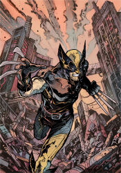  1boy 2019 abstract_background analogous_colors arm_hair artist_logo beard belt black_gloves bodysuit boots brown_bodysuit building cityscape claw_(weapon) clenched_teeth dated english_commentary facial_hair gloves highres logo male_focus marvel mask muscular_arms official_art red_background running running_towards_viewer shouting skyscraper solo superhero_costume teeth urban vinartwork weapon wolverine_(x-men) wreckage x-men yellow_bodysuit yellow_boots 