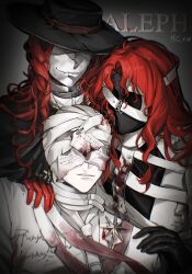  3boys absurdres adian4 aleph_(reverse:1999) bandaged_head bandages black_gloves black_hat black_mask character_name chinese_commentary commentary_request covered_face cracked_mask dated facing_viewer gloves grey_background hand_on_another's_shoulder hat highres long_hair male_focus mask merlin_(reverse:1999) multiple_boys red_gloves red_hair reverse:1999 scar scar_on_face scar_on_mouth shirt the_idealist_(reverse:1999) white_mask white_shirt 