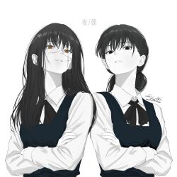  2girls black_eyes black_hair chainsaw_man character_name collared_shirt commentary cross_scar crossed_arms dress fourth_east_high_school_uniform from_below highres lei_bao long_hair looking_at_viewer low_twintails mitaka_asa monochrome multiple_girls neck_ribbon open_mouth pinafore_dress ribbon ringed_eyes scar scar_on_cheek scar_on_face scar_on_nose school_uniform shirt signature simple_background sleeveless sleeveless_dress suspenders translated twintails upper_body white_background white_shirt yellow_eyes yoru_(chainsaw_man) 