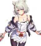  1girl animal_ears athenawyrm bangs blush breasts camisole cat_ears chest_jewel jacket leggings looking_at_viewer mio_(xenoblade) pantyhose pleated_skirt short_hair shoulder_strap simple_background skirt small_breasts solo tank_top weapon white_camisole white_hair white_jacket white_skirt white_tank_top xenoblade_chronicles_(series) xenoblade_chronicles_3 yellow_eyes 