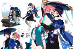  1boy 1girl :< ? ahoge aqua_dress behind_another belt bent_over black_belt black_bodysuit black_bow black_bridal_gauntlets black_hair black_sandals black_shorts blue_cape blue_gem blue_kimono blue_shrug blue_sleeves blunt_ends blush bodysuit bow breast_press breasts bridal_gauntlets cape carrying cheek-to-cheek chinese_clothes cleavage_cutout closed_mouth clothing_cutout commentary couple dress earrings elbow_gloves english_commentary eyelashes facing_another feathers frilled_dress frilled_skirt frills furisode gem genshin_impact gloves gold_trim hair_intakes hakama hakama_shorts hand_on_another's_nape hand_on_own_arm hand_on_own_thigh happy headpat heads_together hetero high_heels highres hug hug_from_behind japanese_clothes jewelry juban kimono layered_sleeves leg_warmers long_hair looking_at_another looking_to_the_side medium_breasts multicolored_hair multiple_views notice_lines nozumi_yuuna_(yoontrsh) oc_x_canon open_clothes open_kimono open_mouth original piggyback pink_hair pink_lips pleated_shorts pom_pom_(clothes) qipao sandals scaramouche_(genshin_impact) short_sleeves shorts shrug_(clothing) side_cape sideboob skirt skirt_under_dress spoken_character spoken_sun squatting streaked_hair tareme tassel teeth treasure_chest twintails upper_teeth_only vision_(genshin_impact) wanderer_(genshin_impact) white_background white_bridal_gauntlets white_gloves white_kimono white_leg_warmers white_skirt white_sleeves wilted_ahoge wind wispy_bangs wolf_cut yellow_feathers yoontrsh zouri 