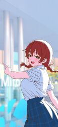  1girl :d absurdres blue_skirt blurry blurry_background braid breasts bright_pupils brown_eyes collared_shirt commentary_request cowboy_shot emma_verde half-closed_eyes highres large_breasts looking_at_viewer looking_back love_live! open_mouth outdoors pleated_skirt pointing red_hair school_uniform shirt short_hair short_sleeves skirt smile solo standing teeth twin_braids upper_teeth_only uyu1023 white_pupils white_shirt 