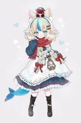  absurdres animal_ear_fluff animal_ears apron black_boots black_gloves black_socks blonde_hair blue_dress blue_eyes blue_streaks blush bonnet boots bow braid braided_twintails breath cat_ears commentary dress fins fish_girl fish_hair_ornament fish_ornament fish_tail frills gloves grey_background hair_bow hair_ornament hand_up headscarf heart highres indie_virtual_youtuber kaniki_(sameko_saba) kerosene_lamp key long_hair long_sleeves looking_at_viewer multicolored_hair multiple_hair_bows open_mouth pom_pom_(clothes) red_bow red_scarf sameko_saba sameko_saba_(winter_dress) scarf shouu-kun simple_background socks streaked_hair tail untranslatable_commentary virtual_youtuber white_bonnet white_headscarf 