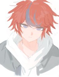  1boy absurdres black_hair blue_eyes commentary_request cropped_shoulders drawstring fug_uai grey_jacket hair_between_eyes highres hood hood_down hoodie jacket jacket_over_hoodie male_focus multicolored_hair open_clothes open_jacket red_hair short_hair simple_background sketch solo streaked_hair sumino_takumi the_hundred_line_-last_defense_academy- two-tone_hair white_background white_hoodie 