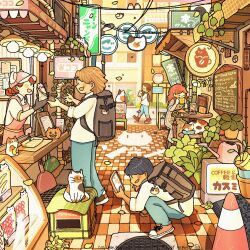  awning backpack bag bird broom burger calico_(pattern) calico_cat checkered_floor crate crepe cup cushion display_case disposable_coffee_cup disposable_cup drinking dustpan eating food highres holding holding_burger holding_crepe holding_food holding_phone jack-o'-lantern maneki-neko market market_stall mashi_(niwa_matthew) menu_board mixed-language_text multiple_cats original phone plant potted_plant road road_sign shoes shopping_district sign sneakers soda street taking_picture tile_floor tiles traffic_cone warm_colors 