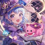  1girl bangs blue_hair book cape copyright_request dragon eyelashes fangs hat hat_ribbon jewelry looking_at_viewer open_mouth pongu ribbon ring short_hair solo stone upper_body violet_eyes witch_hat 