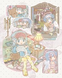  >_< 2girls bed black_bow black_shoes blanket blue_eyes blue_hair blue_sweater blush bow bra_strap chibi closed_mouth closet clothes_hanger commentary cottonworld desk_lamp green_eyes green_pantyhose hair_bow hairband halo highres holding holding_pillow holding_stuffed_toy lamp lampshade layered_skirt long_hair miniskirt multiple_girls nightstand no_shoes off-shoulder_sweater off_shoulder open_mouth original outline pantyhose photo_(object) picture_frame pillow pink_outline pink_sweater polka_dot_hairband print_blanket print_thighhighs rug shoes shoulder_blush sitting skirt sleeves_past_wrists smile socks star_(symbol) star_print striped_clothes striped_pantyhose striped_sweater stuffed_animal stuffed_toy sweat sweater teardrop teddy_bear thigh-highs transparent_wings untranslatable_commentary unworn_socks vertical-striped_clothes vertical-striped_pantyhose white_hairband white_outline white_skirt wings yellow_thighhighs 