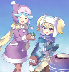  2girls ^_^ aqua_mittens black_pantyhose blonde_hair blue_background blue_coat blue_hair blue_hat blue_scarf brown_mittens canteen closed_eyes coat commentary dress fur-trimmed_coat fur_trim gradient_background happy hat hibachi_(object) highres holding krianna_(puyopuyo) looking_at_another looking_to_the_side mittens multiple_girls namamoto open_clothes open_coat open_mouth pantyhose purple_coat purple_hat puyopuyo puyopuyo_quest ruda_(puyopuyo) scarf simple_background smile snow_rabbit standing twintails ushanka violet_eyes walking warming_hands white_dress yellow_scarf 