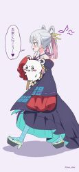  1girl chiikawa chiikawa_(character) cho_kaguya-hime! colored_extremities commentary_request full_body hair_ornament hair_rings hair_stick highres medium_hair open_mouth pink_hair platform_shoes runami_yachiyo runami_yachiyo_(chibi) runami_yachiyo_(tsukuyomi) shoes simple_background sleeves_past_wrists solo translation_request viora_draw white_background white_hair 