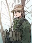  1girl bangs bare_tree brown_hair brown_headwear copyright_request day gloves green_jacket grey_gloves hair_between_eyes hat highres jacket looking_at_viewer outdoors parted_lips sharpy_(kdy000913) sketch solo tree 