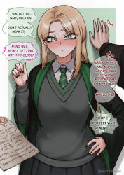  1boy 1girl absurdres academic_test bilingual_commentary black_cloak black_nails blonde_hair blush border cardigan cloak closed_mouth collared_shirt commentary cowboy_shot cross-eyed diagonal-striped_clothes diagonal-striped_necktie english_commentary english_text flustered gekko_shuchu green_necktie grey_cardigan grey_eyes grey_skirt hand_on_own_hip harry_potter harry_potter_(series) highres hogwarts_school_uniform instant_loss kabedon long_hair long_sleeves looking_at_viewer malfoid mixed-language_commentary necktie nervous_sweating open_cloak open_clothes outside_border pleated_skirt pov pov_hands ringed_eyes school_uniform shirt skirt solo_focus speech_bubble spoken_object striped_clothes striped_necktie sweat test_score tsurime twitter_username variant_set watermark white_border white_shirt wizarding_world 