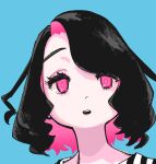  1girl black_hair blue_background close-up eyelashes highres long_eyelashes looking_at_viewer multicolored_hair open_mouth original pink_eyes pink_hair pink_lips short_hair simple_background solo striped striped_clothes two-tone_hair upper_body ztoriataming 
