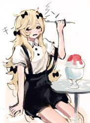  1girl alternate_costume black_bow black_eyes black_shorts blonde_hair bow food galatea_claude hair_bow hand_up highres hoge_(n8sss) holding identity_v invisible_chair long_hair open_mouth painterly puffy_short_sleeves puffy_sleeves round_table shaved_ice shirt short_sleeves shorts simple_background sitting solid_eyes solo suspender_shorts suspenders table unfinished very_long_hair white_background white_shirt 