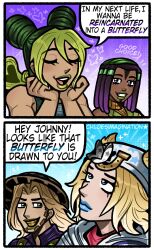  2boys 2girls blonde_hair blue_lips chloeimagine ermes_costello gold_teeth green_lips gyro_zeppeli highres horseshoe horseshoe_hat_ornament horseshoe_ornament johnny_joestar jojo_no_kimyou_na_bouken kujo_jolyne multicolored_hair multiple_boys multiple_girls smile star_(symbol) star_print steel_ball_(jojo) steel_ball_run stone_ocean 