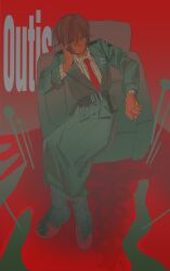  1girl armchair belt black_belt black_boots boots brown_eyes brown_hair chair character_name coat collared_shirt commentary_request dark-skinned_female dark_skin e.g.o_(project_moon) full_body green_coat highres korean_commentary limbus_company long_sleeves looking_at_viewer necktie outis_(project_moon) potatamybaby project_moon red_necktie shirt solo striped_clothes striped_shirt to_pathos_mathos_(e.g.o) 