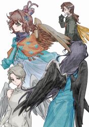  4girls ahoge athletic_leotard bare_shoulders bird_wings black_coat black_hair black_wings blue_dress blue_eyes blue_scarf bow brown_hair brown_wings caroline_bartley chinese_commentary coat commentary_request detached_sleeves dress fairy_wings feathered_wings flutterpage grey_hair hair_bow highres leotard long_hair long_sleeves multiple_girls multiple_hair_bows orange_scarf profile purple_bow reverse:1999 scarf short_hair smile tooth_fairy_(reverse:1999) two-tone_scarf white_background white_leotard white_wings willow_(reverse:1999) wings yellow_wings youmo_de_liezhi_fangpin 