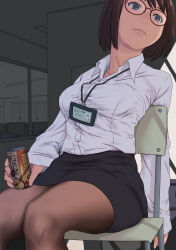  1girl animal aonori_misuji black_pantyhose black_skirt bob_cut breasts brown_hair cat chair collarbone commentary_request glasses grey_eyes highres holding holding_animal holding_cat id_card indoors lanyard office_lady on_chair original pantyhose pencil_skirt shirt sitting skirt solo white_shirt 